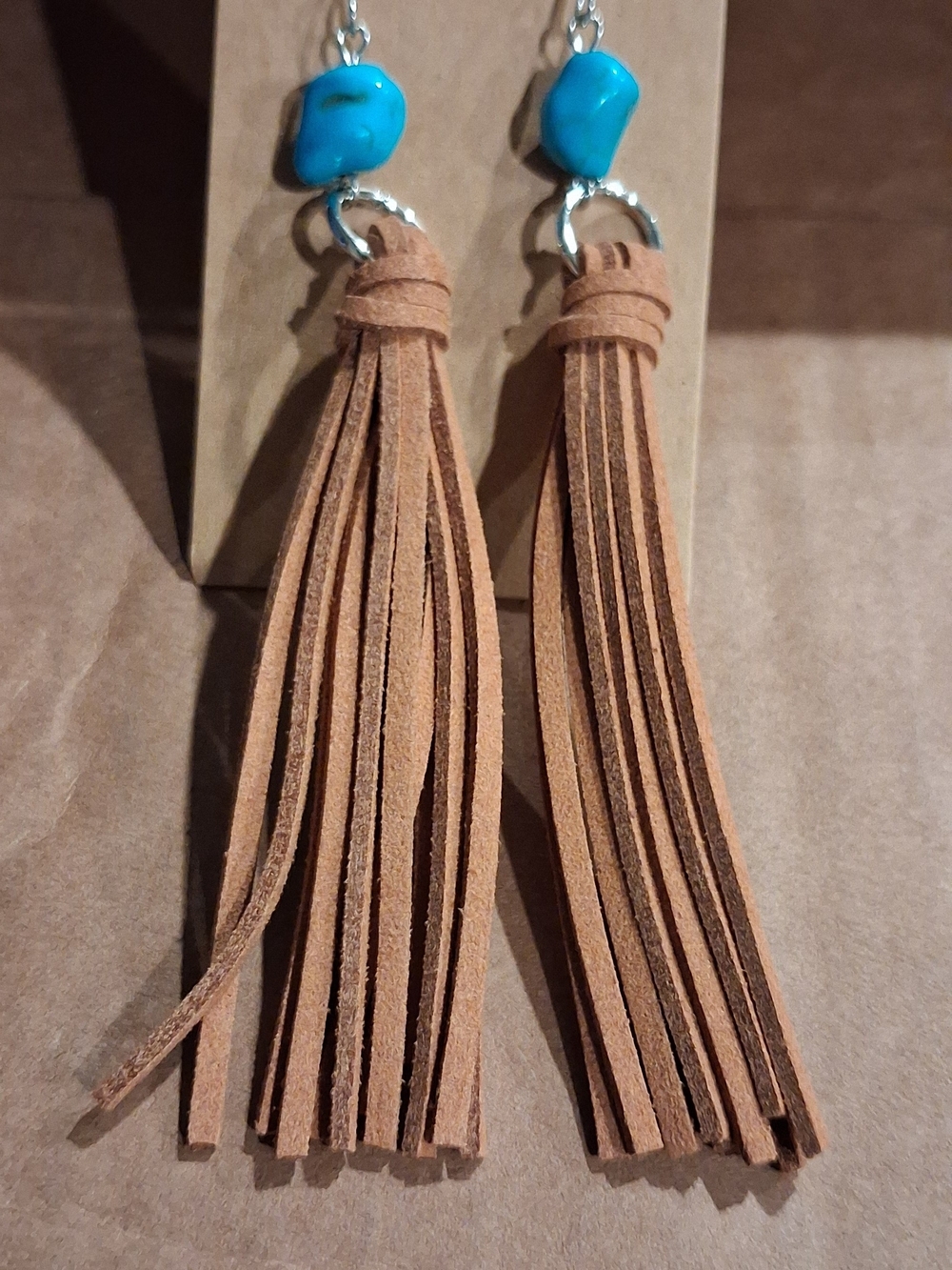 Fashion Jewelry Turquoise Bead and Tan Suede Tassel Earrings